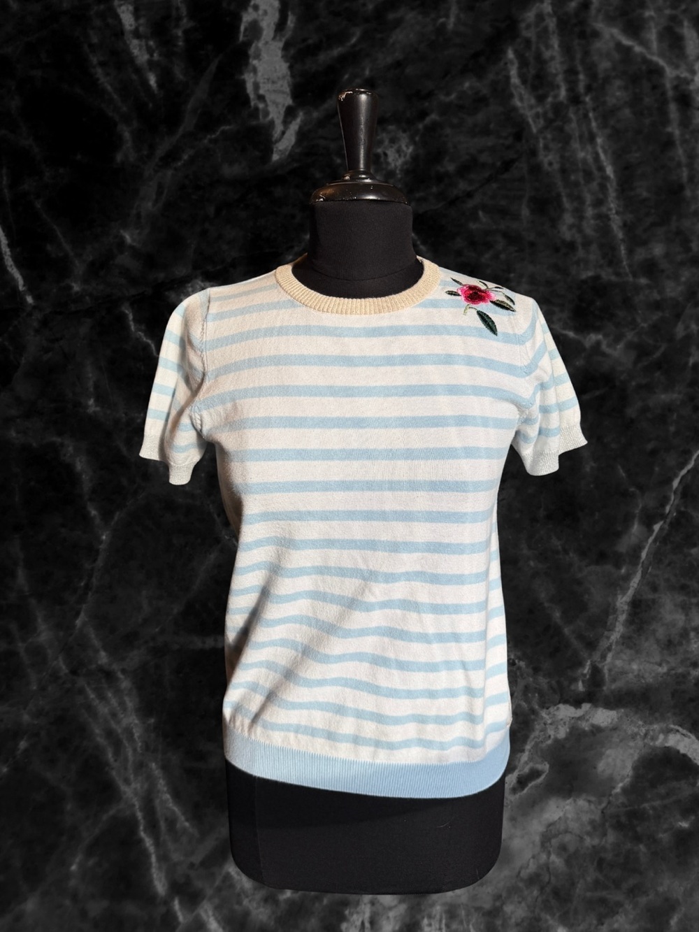 Striped Crew Neck Sweater with Floral Accent - Light Blue & White